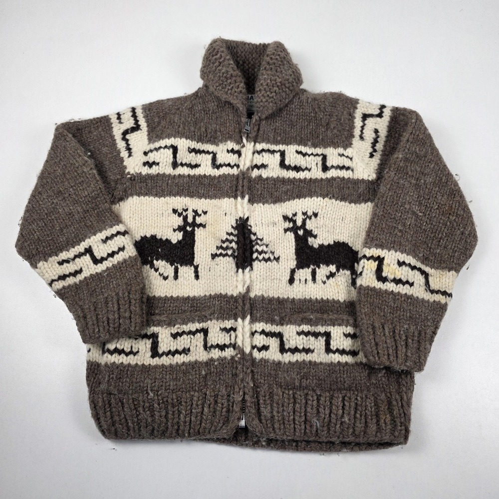 VTG Kanata Sweater Mens Medium Brown Wool Full Zip Cowichan Deer Tree Cardigan